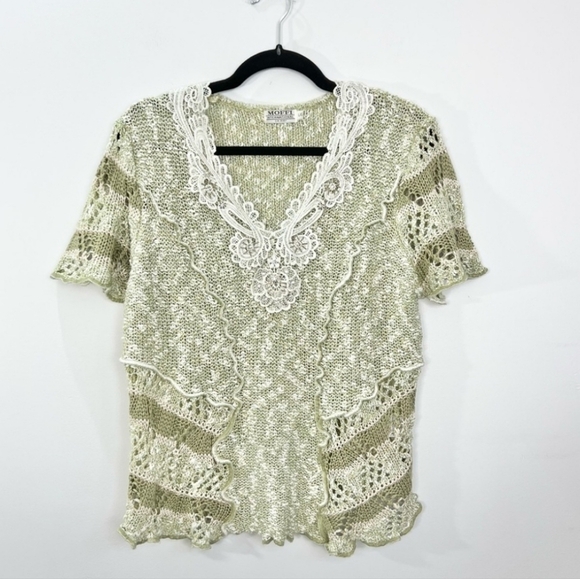 Sage green beaded lace short sleeve knit sweater L - Picture 2 of 13